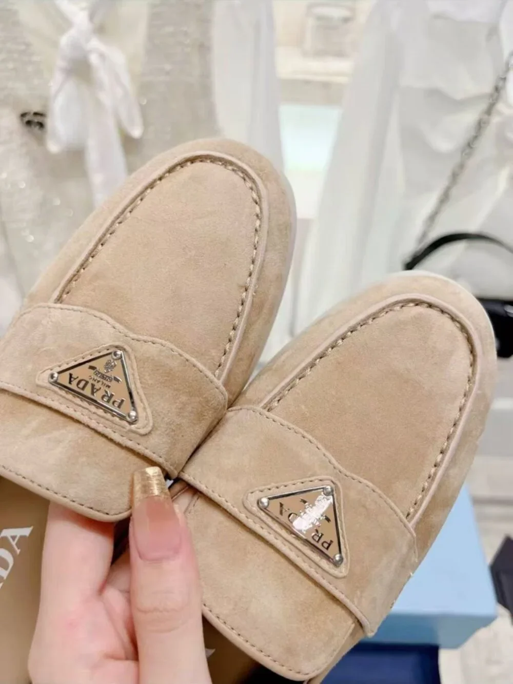 PRADA Beige Suede Triangle Logo Mule Slides